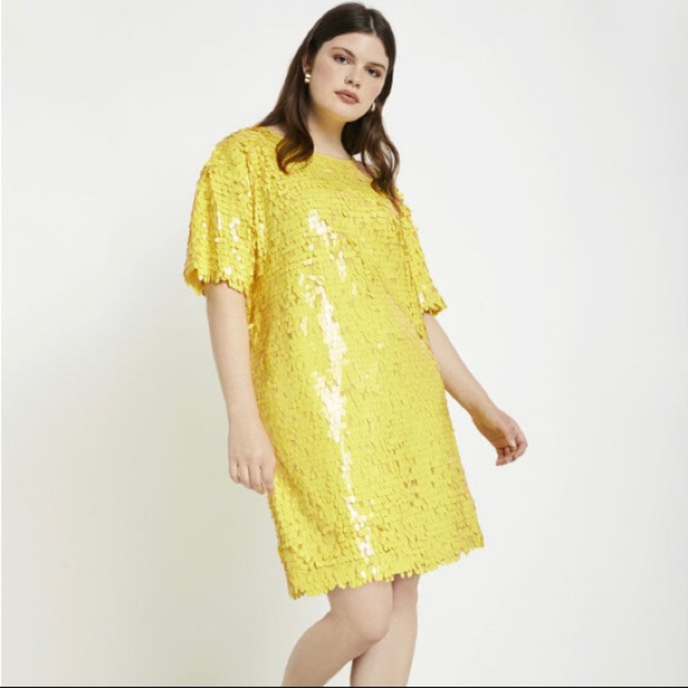 Eloquii Yellow Sequin Easy Dress With Rib Trim